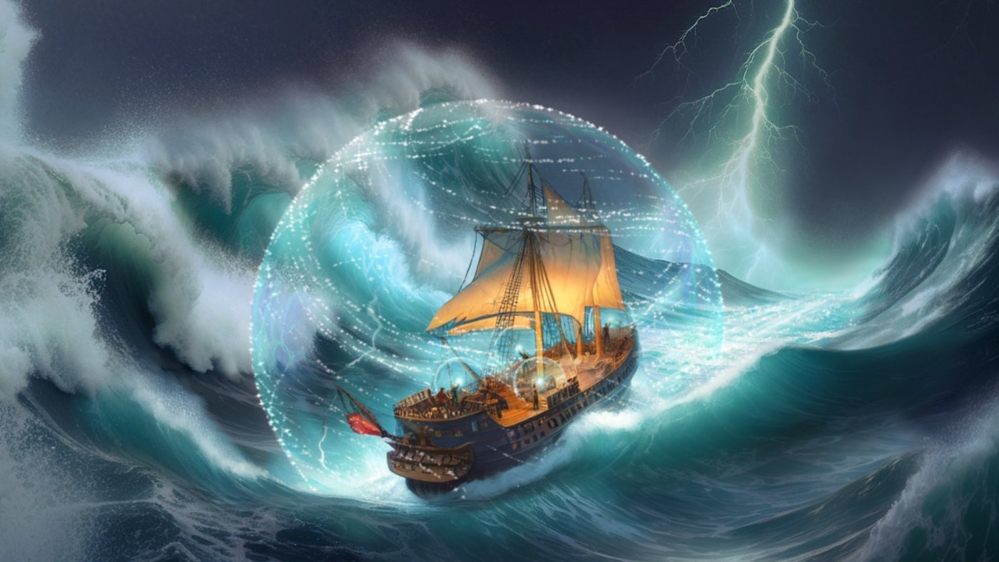 Cover art from Light in the Second Darkness: a sailing ship riding a storm inside a glowing sphere of light